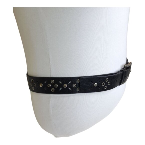 Womens Black XL Belt With Silver Buckle & Grommet Design 48" Long x 1.5" Wide - Picture 5 of 12